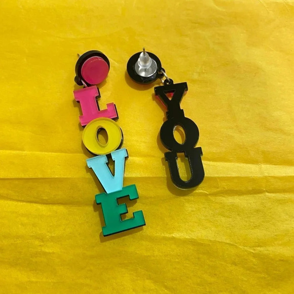 Chunky Acrylic Statement LOVE YOU Earrings – Colorful Pink Yellow Blue Dangle - Picture 5 of 5